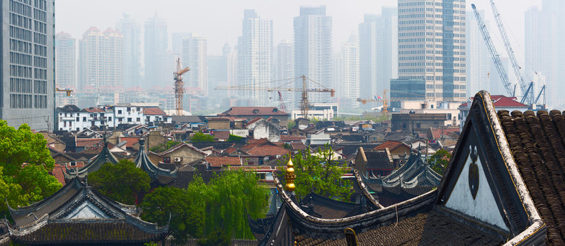 Panoramic View Of Shanghai City Down Town From The Old City District