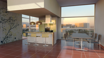Arredo 3D interno di cucina con ampie finestre