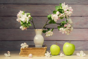 Still life with apple tree blossoming branch