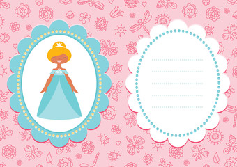 Pink birthday card with cute blond princess in a pretty blue dress