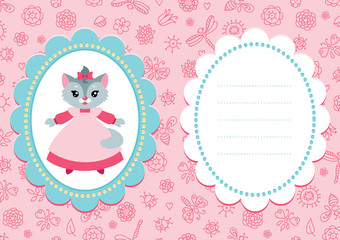 Pink baby card with cute little kitty in a pink dress
