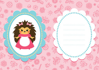 Pink baby card with cute little hedgehog girl in a pink dress