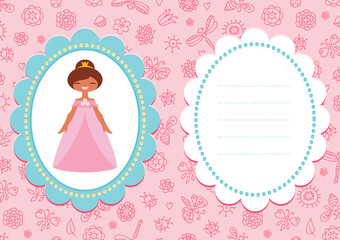 Pink birthday card with cute brown-haired princess in a pretty pink dress