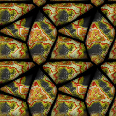 Seamless 3d relief floor pattern of layered red, black and yellow stones