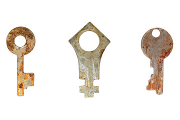 Set of old rusty keysisolated on white background.