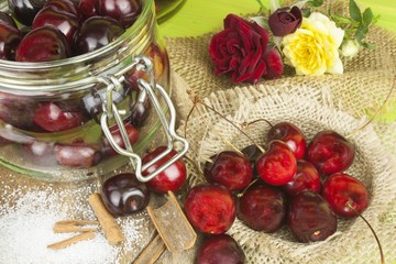 Domestic production of cherry jam. Freshly picked cherries ready for canning. The supply of fruits for the winter and a rainy day. The preparation of sweets for the family.
