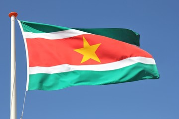 Fototapeta na wymiar Flagge Surinams im Wind
