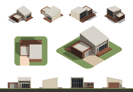 Set of flat isolated house building kit creation, detailed urban and rural house concept design in top, side, front and back elevation view with isometric view from all four angle, vector illustration