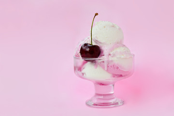 Ice-cream with cherry in glass bowl