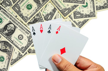 Hand and four aces , playing cards