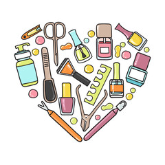 Vector doodle  illustration of manicure and padicure equipment in a heart shape