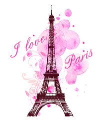 Fototapeta na wymiar Pink watercolor blots and Eiffel Tower