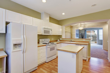 Modern kitchen with hardwood floor.