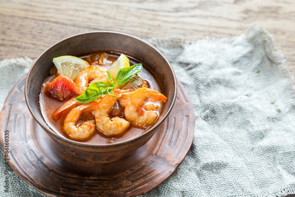 Sticker spicy french soup with seafood