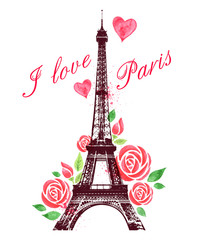 Fototapeta na wymiar Red watercolor roses and Eiffel Tower