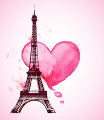 Fototapeta na wymiar Watercolor heart and Eiffel Tower