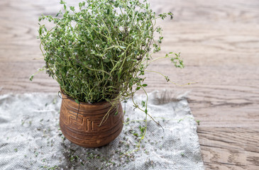 Fresh thyme on the wooden background