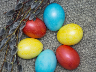 Fototapeta na wymiar Easter eggs and willow branch.