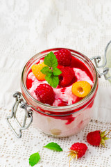 dessert with cottage cheese and raspberry.