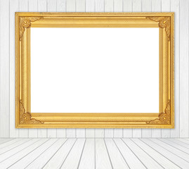 Fototapeta na wymiar blank frame in room with white wood wall and wood floor backgrou