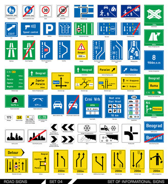 Set of road signs. Signboards. Collection of informational traffic signs. Vector illustration. 