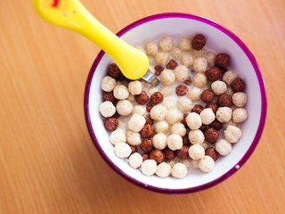 Delicious chocolate corn balls in milk. Assorted.Healthy Breakfa