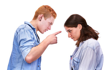 Couple arguing: the husband is pointing and accusing and the wif