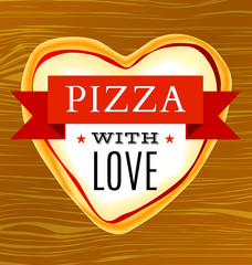 Vector poster with a heart-shaped pizza on a wooden table