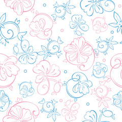 Vector Pink Blue Pastel Floral Swirls Seamless Pattern
