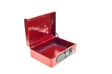 Close up red metal cash box isolated on white