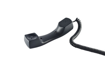 Black telephone receiver on white background.