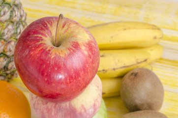 Wooden Table Full Fresh Fruit.