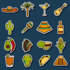 Set of cute hand drawn stickers on Mexico theme: sombrero