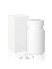 薬/プラスチック製の白い薬の瓶と紙のパッケージと錠剤