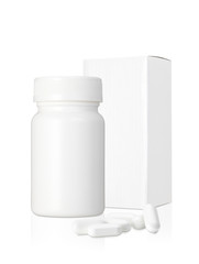 薬/プラスチック製の白い薬の瓶と紙のパッケージと錠剤