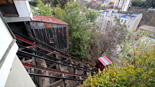 Elevator coming up a steep hill for public transportation in Valparaiso, Chile