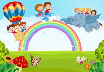 Obraz na płótnie Canvas Cartoon little kid on the rainbow
