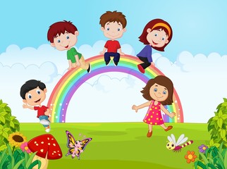 Cartoon Happy kids sitting on rainbow on the jungle