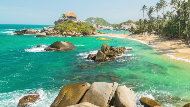 Time lapse of a beach in Tayrona National Park panning from left to right on the Caribbean coast in Colombia