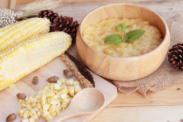 Corn soup of condensed in a wooden bowl