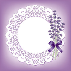 Lavender flower bouquet, vintage lace doily, ribbon, copy space 