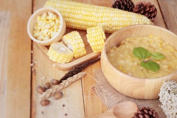 Corn soup of condensed in a wooden bowl