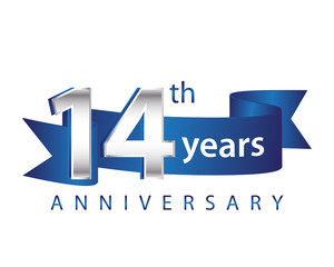 14 Years Anniversary Logo Blue Ribbon - obrazy, fototapety, plakaty