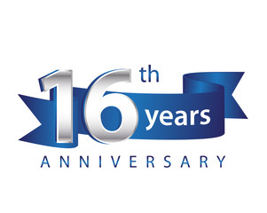 16 Years Anniversary Logo Blue Ribbon - obrazy, fototapety, plakaty