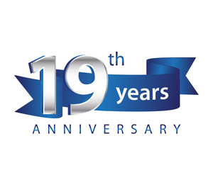 19 Years Anniversary Logo Blue Ribbon - obrazy, fototapety, plakaty