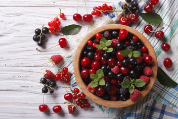 Berry mix in a wooden bowl horizontal top view
