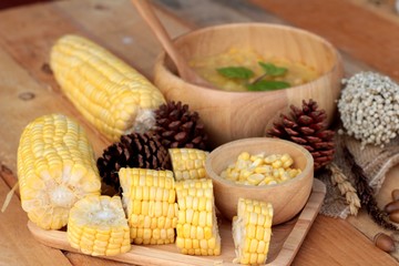 Corn soup of condensed in a wooden bowl
