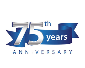 75 Years Anniversary Logo Blue Ribbon - obrazy, fototapety, plakaty