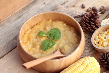 Corn soup of condensed in a wooden bowl