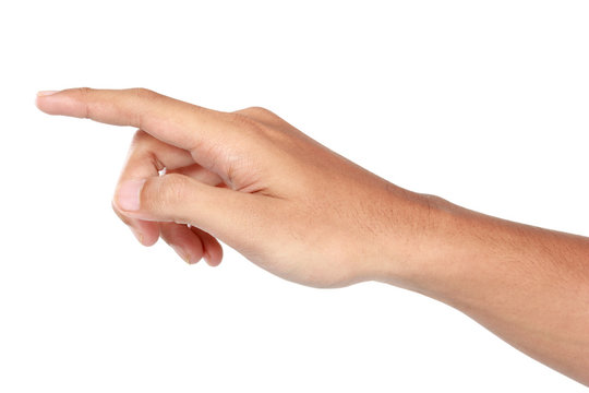 Forefinger pressing imaginary button, hand gesturing, isolated i